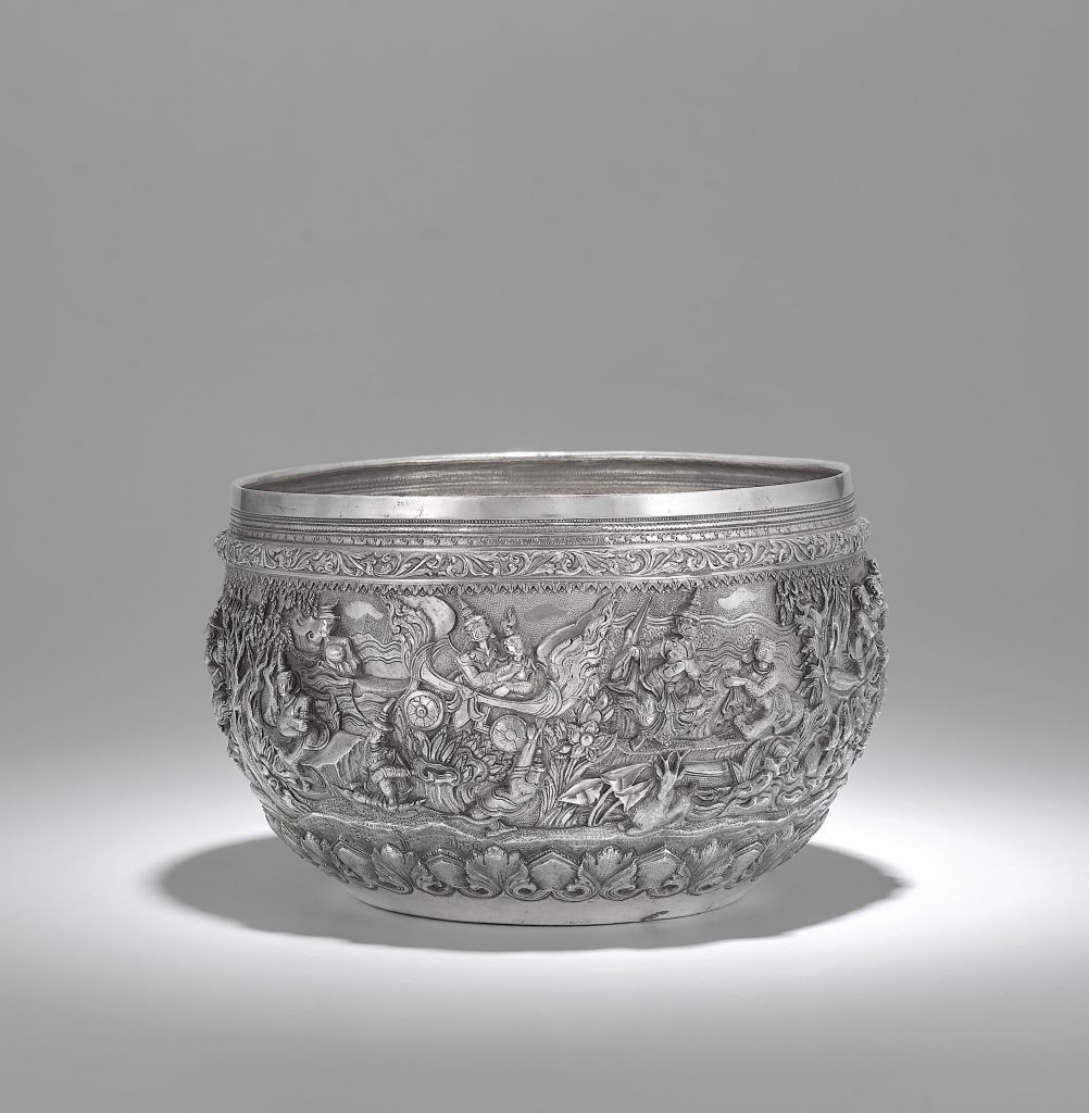  A SILVER OFFERING BOWL WITH SCENES FROM THE RAMAYANA