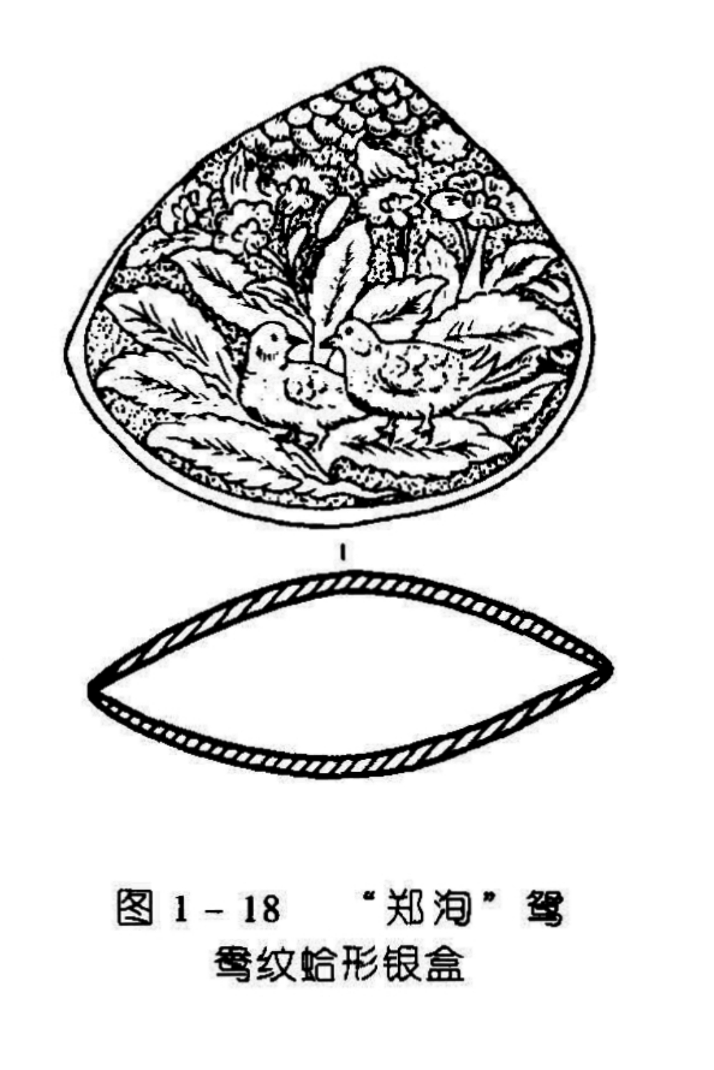 图 1 - 18 “郑海”鸳鸯纹蛤形银盒