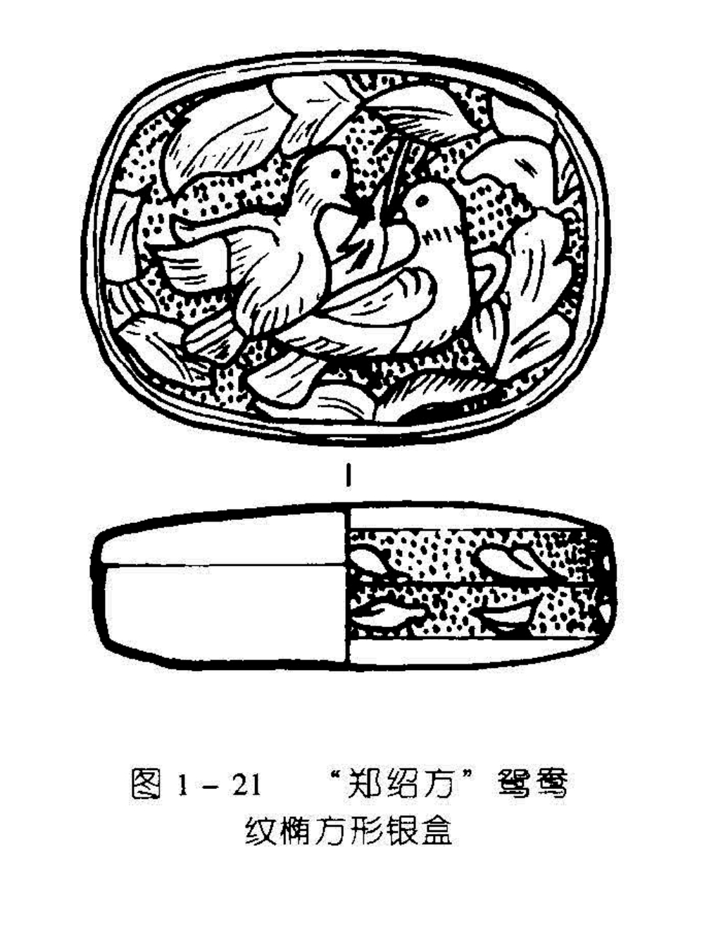图 1 - 21 “郑绍方”鸳鸯纹椭方形银盒