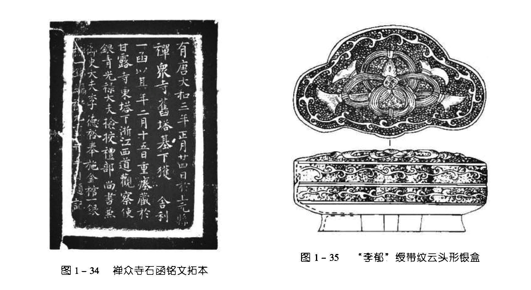 图 1-35 “李郁”绶带纹云头形铜盒 图 1-34 禪众寺石函铭文拓本