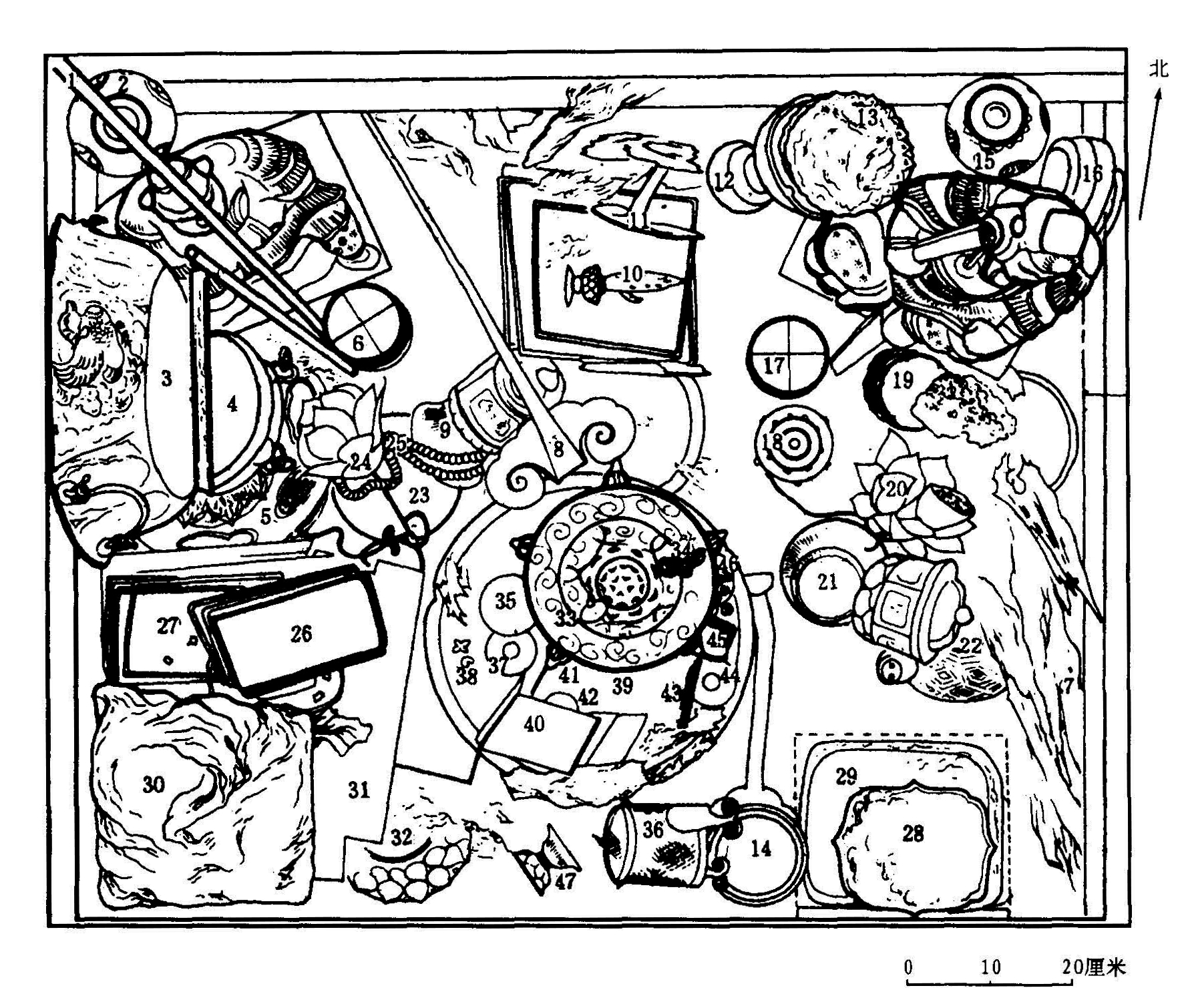 图1-44 法门寺塔地宫后室金银器分布图(第一层)