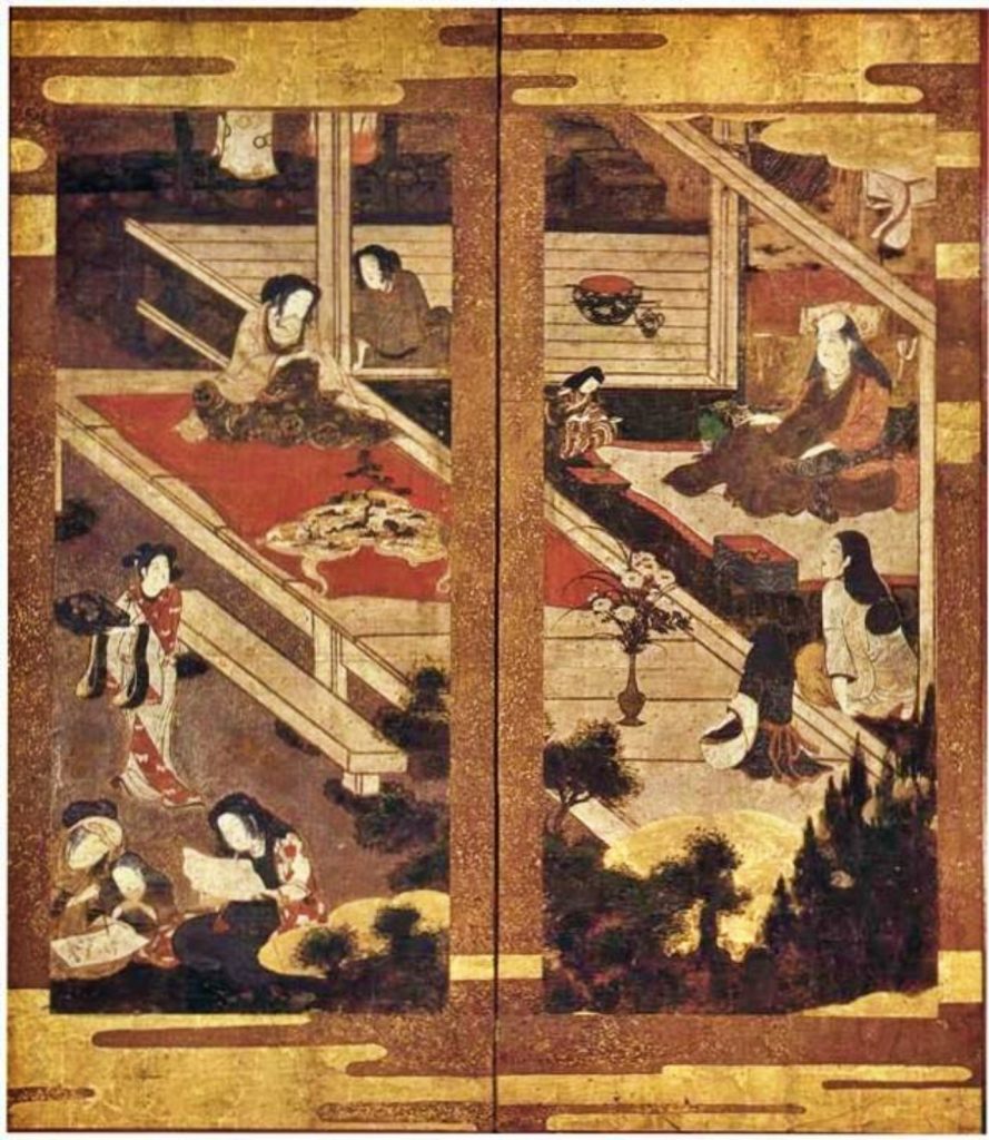 安土桃山时代(十六世纪) 加贺屏风 纸本金地着色 纵一五五厘米 横一三六厘米 双折式, 描绘了古代日本贵族妇女在室内宴饮行乐, 并在庭园中创作诗歌的情景。