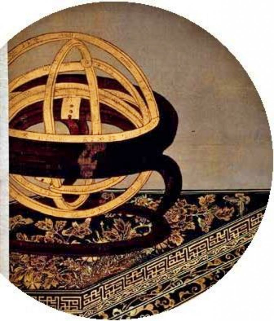 清人绘《胤禛妃行乐图》之“持表对菊” 中陈设的西洋仪器局部
