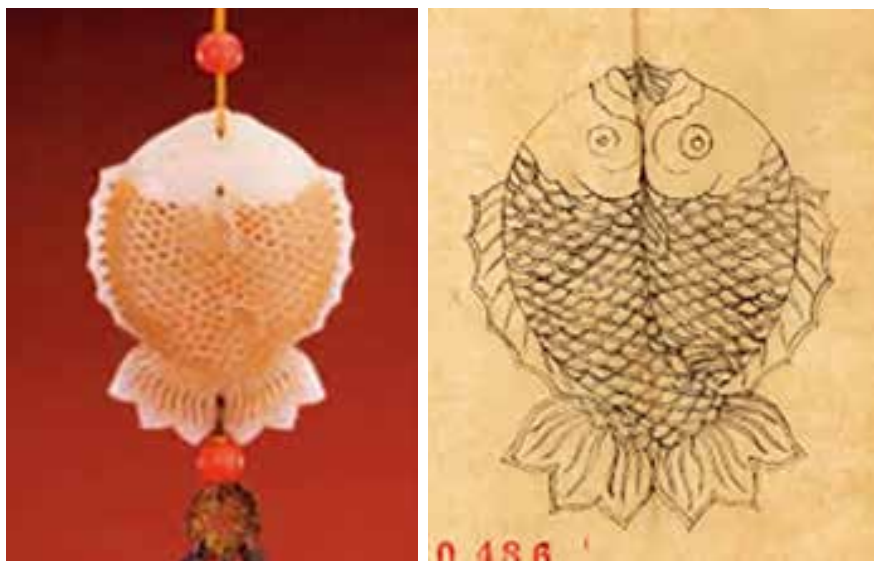 图 8  青玉镂雕双鱼香囊（左）及鱼纹画样（右）