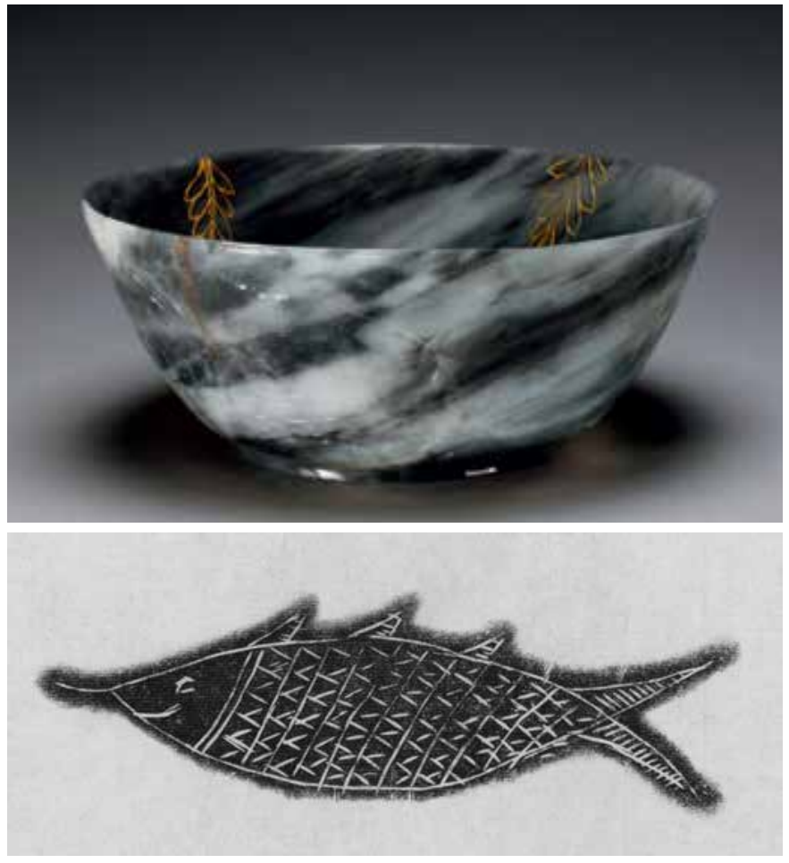 图 9  墨玉动物纹碗（上）及鱼纹拓片（下）