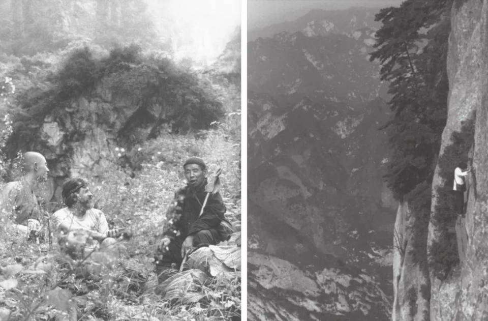 左：比尔·波特在山中问道  右：山路陡峭，背后是万丈深渊